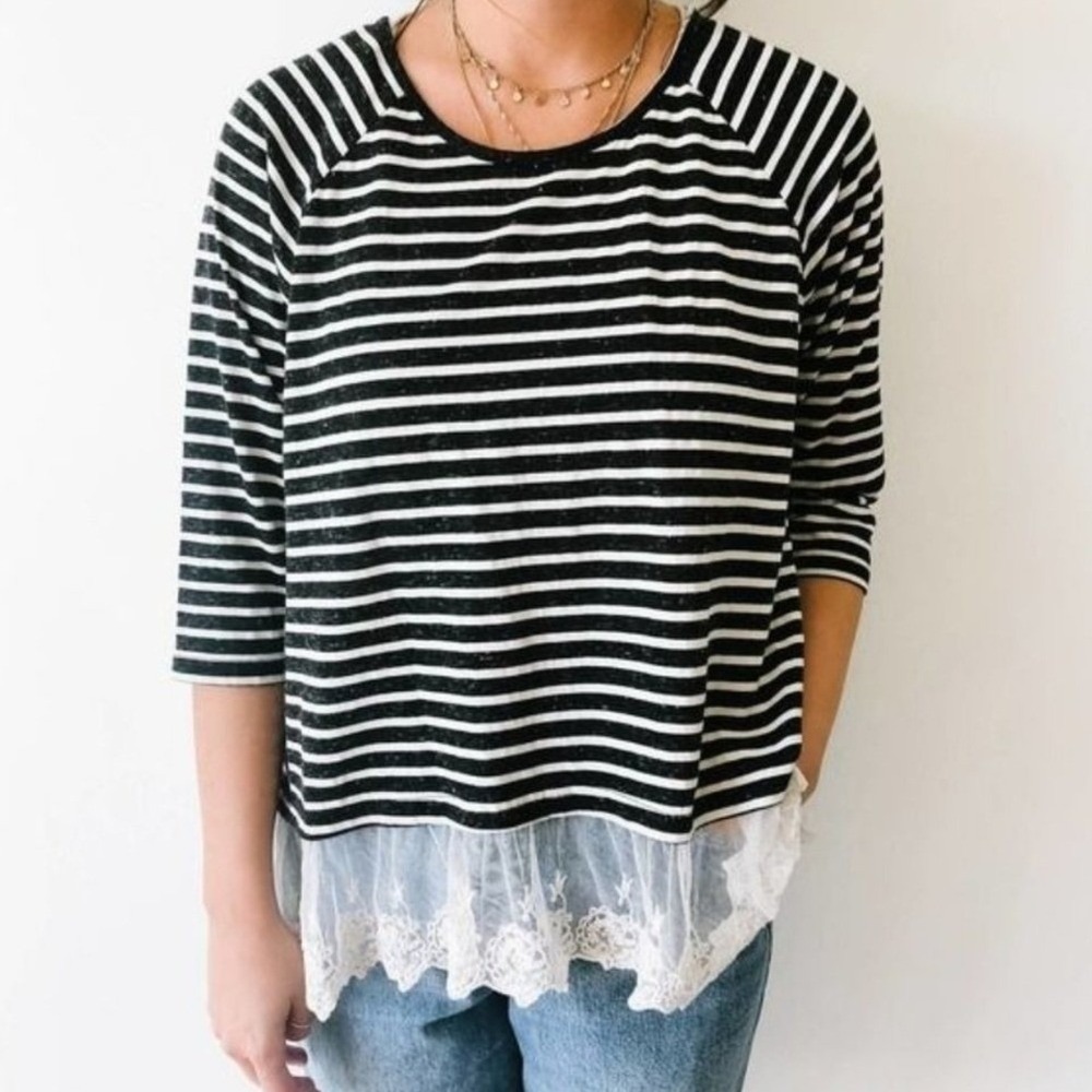 Kori America Womens Black White Striped Lace‎ Hem Raglan 3/4 Sleeve Top Large
